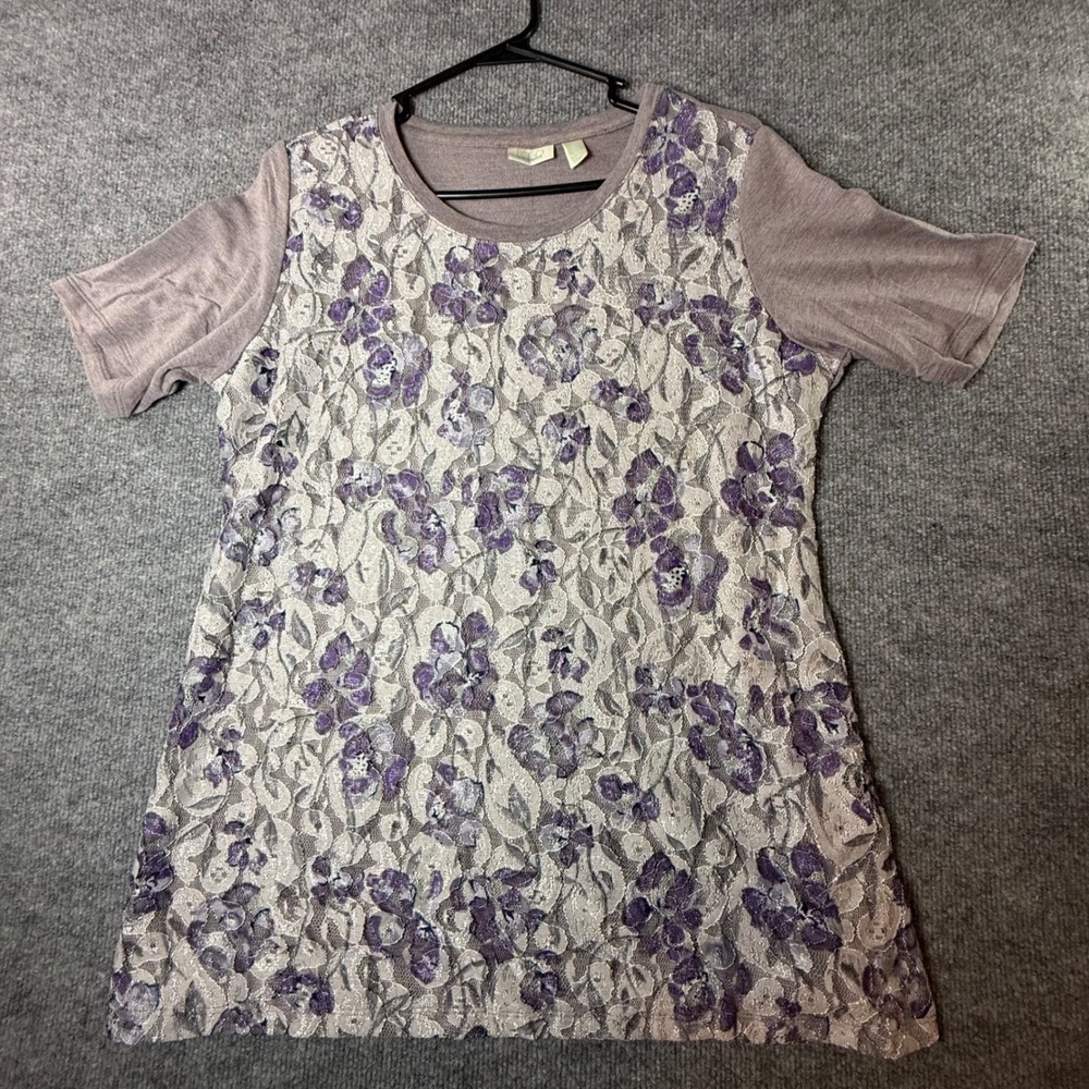 LOGO Lounge Lori Goldstein Floral Lace Front Short Sleeve Top Mauve Purple M